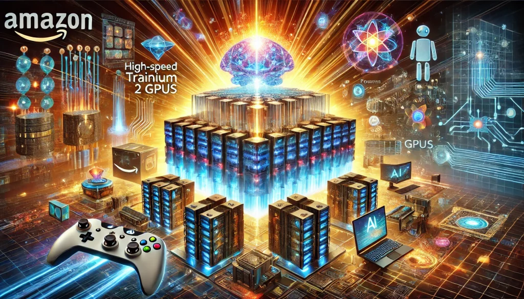 Amazon AI Supercomputer, Trainium2 GPUs, futuristic technology, AI computations, interconnected computer units, neural networks, AI innovation, gaming graphics, virtual assistants, data streams, high-speed computing, holographic visuals.